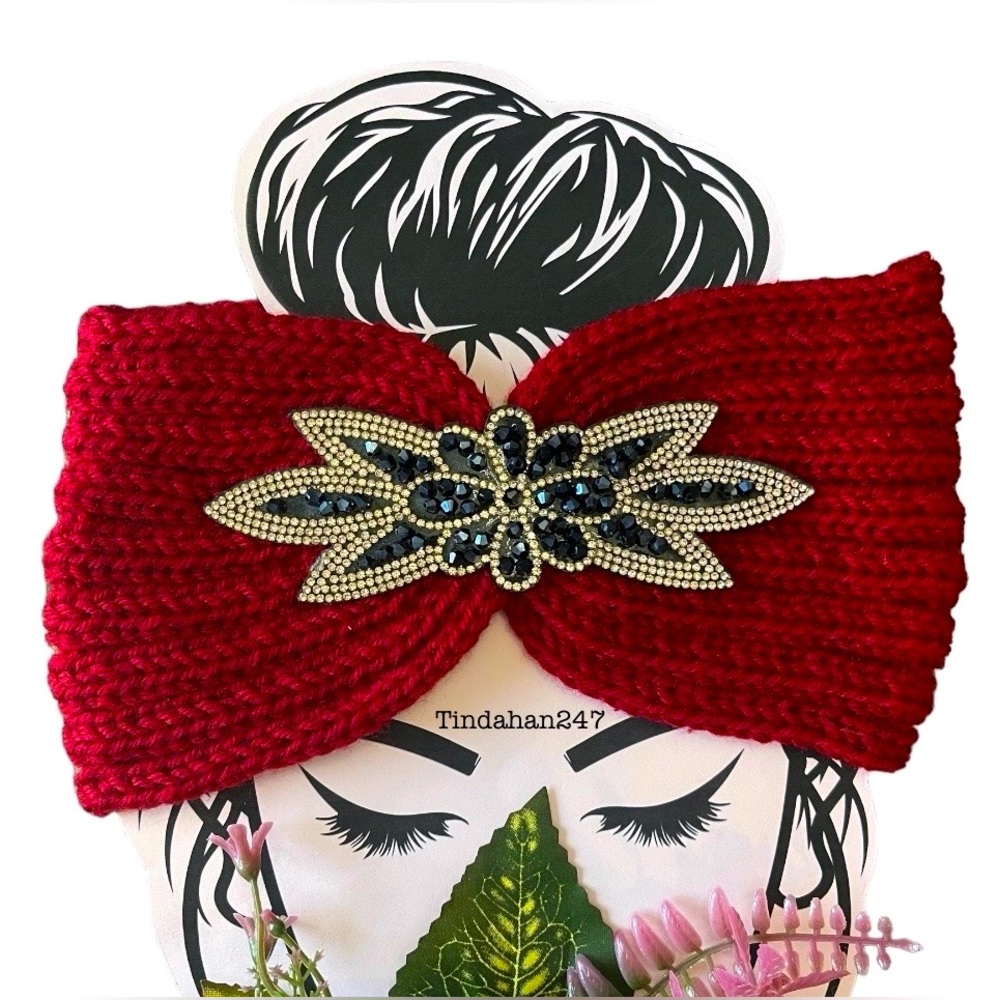 Daisy Gem Flower Design Bloody Red Knit Knot Crochet‎ Handmade Headband